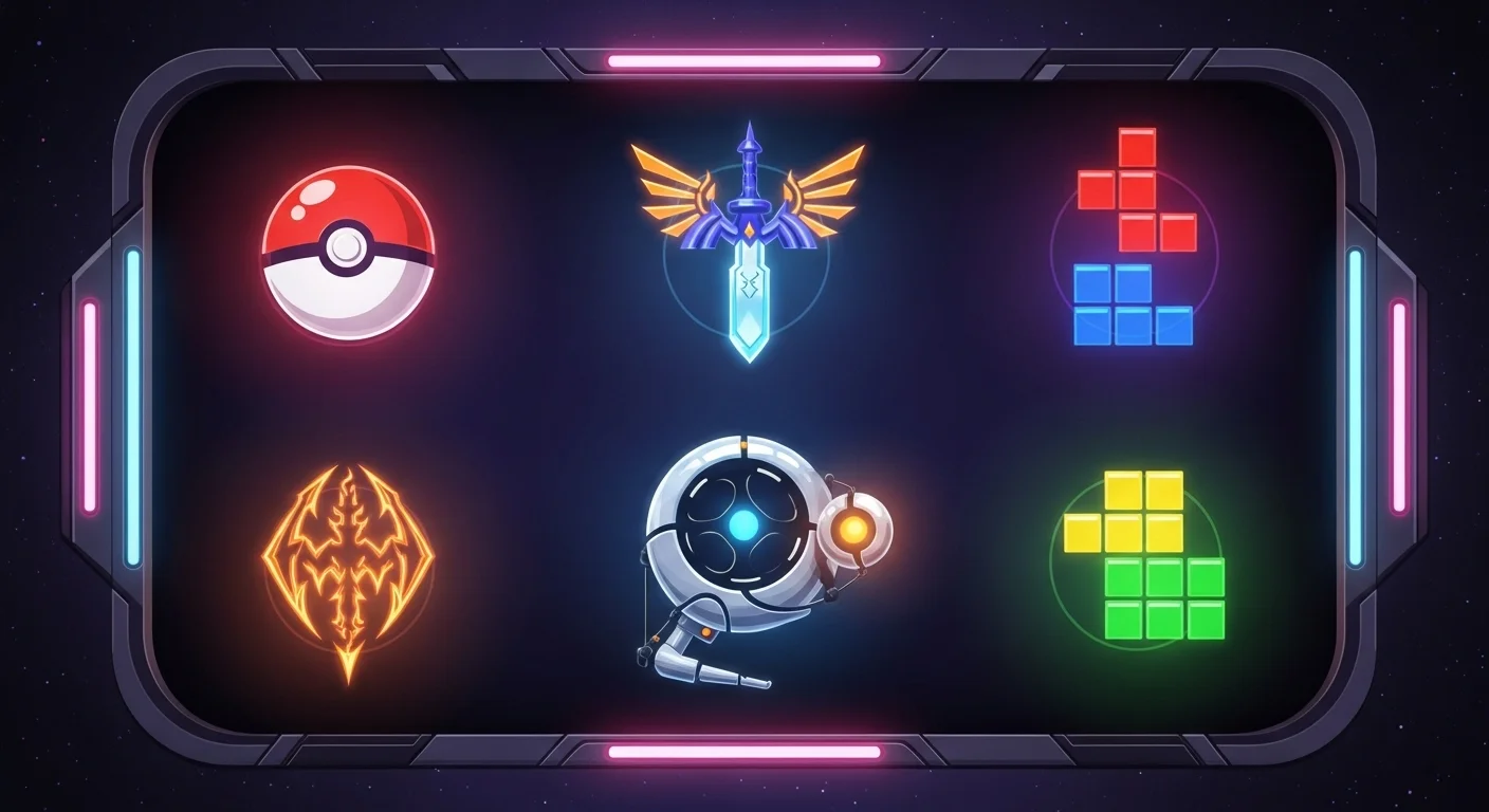 125+ Video Game Riddles with Answers: Funny, Tricky & Gamer-Approved 4 Gaming symbols including Pokéball, Zelda sword, and Tetris blocks on screen