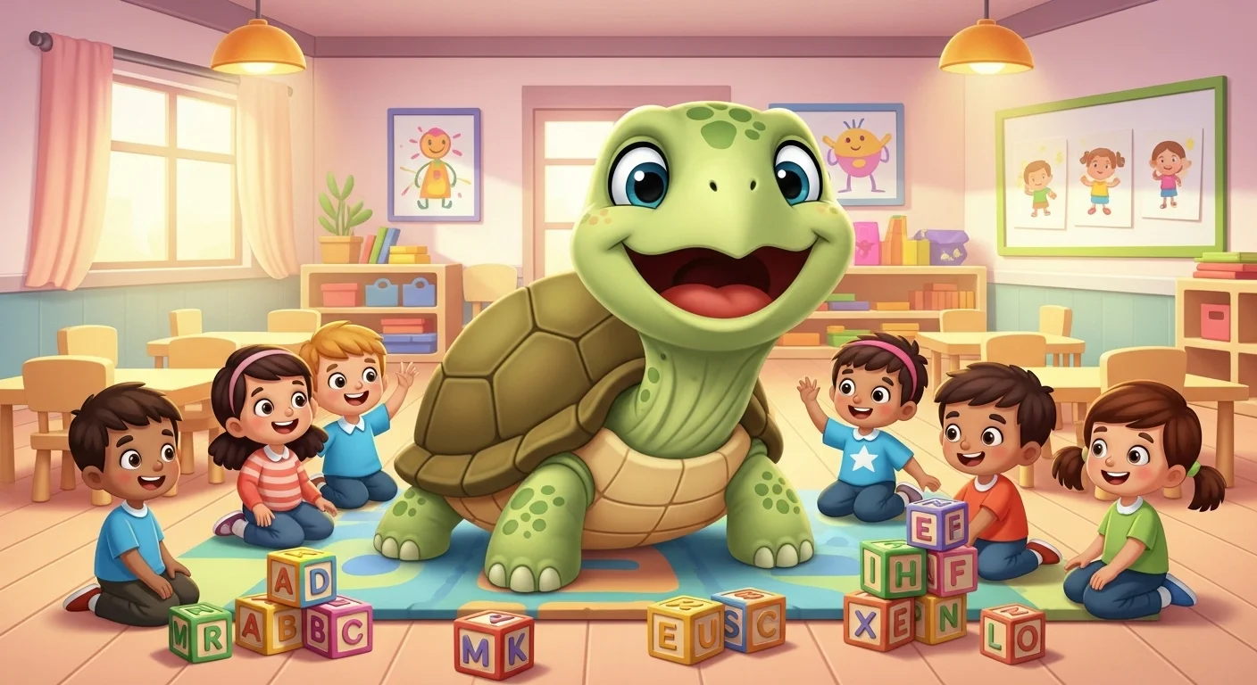 Large friendly turtle surrounded by happy children in colorful classroom