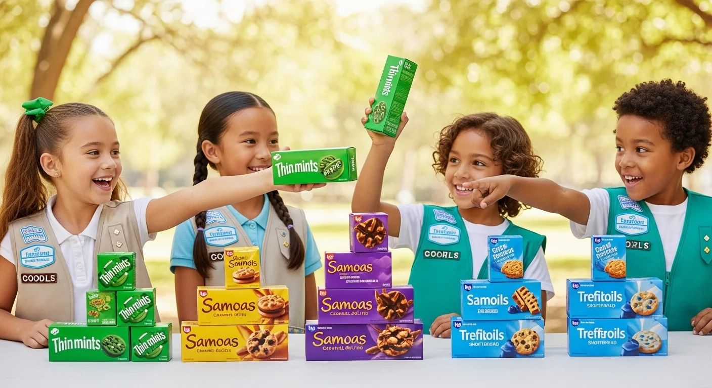 Girl scouts selling different cookie varieties for fundraising