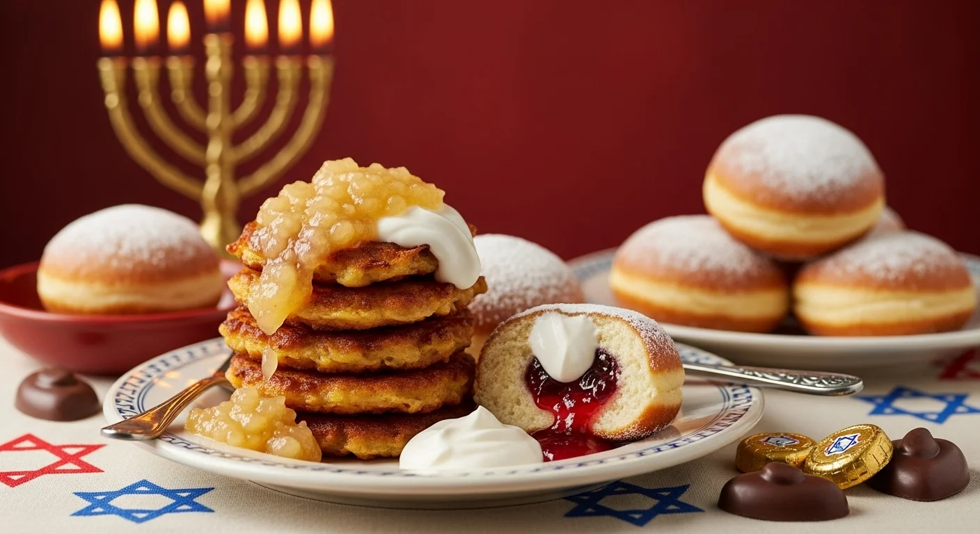 Stack of golden latkes and sufganiyot with applesauce and menorah