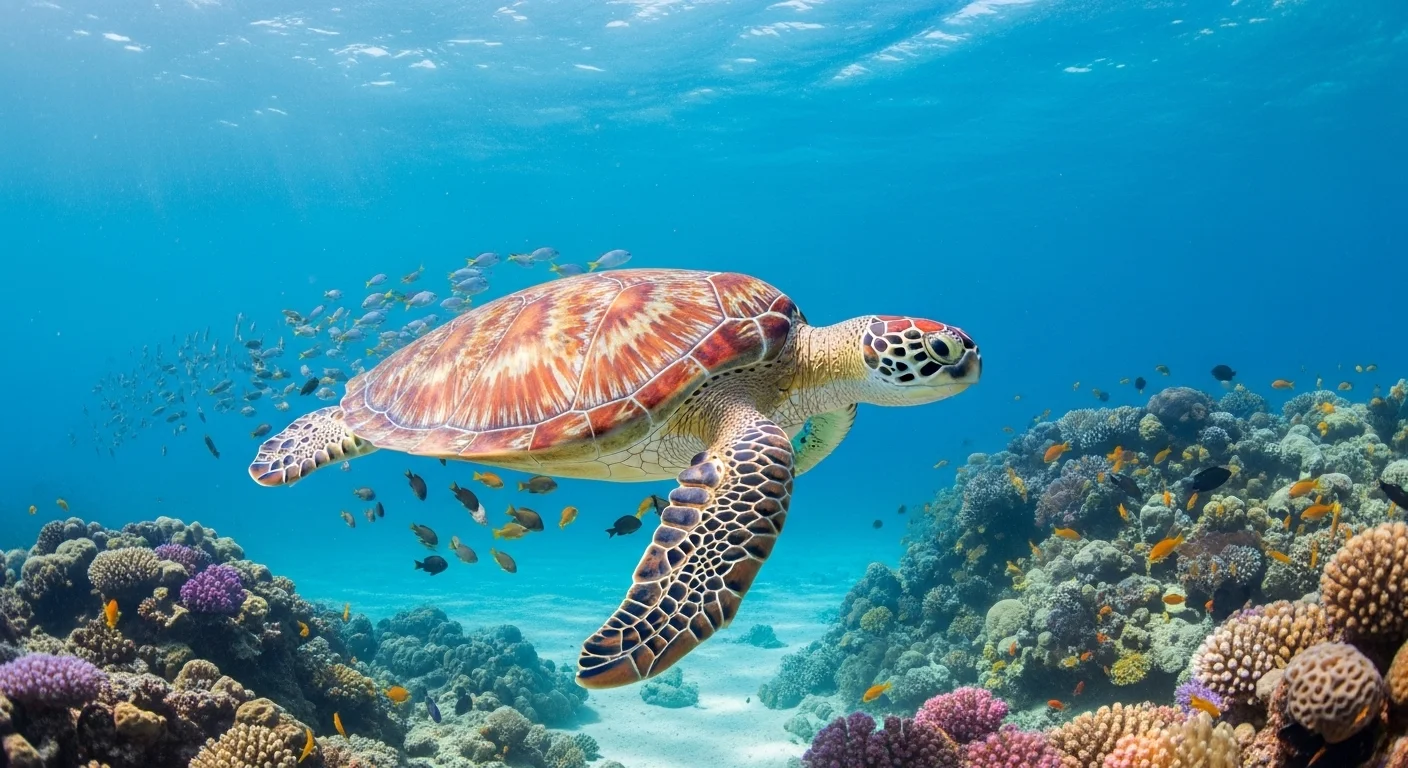 Beautiful green sea turtle swimming over vibrant coral reef ecosystem