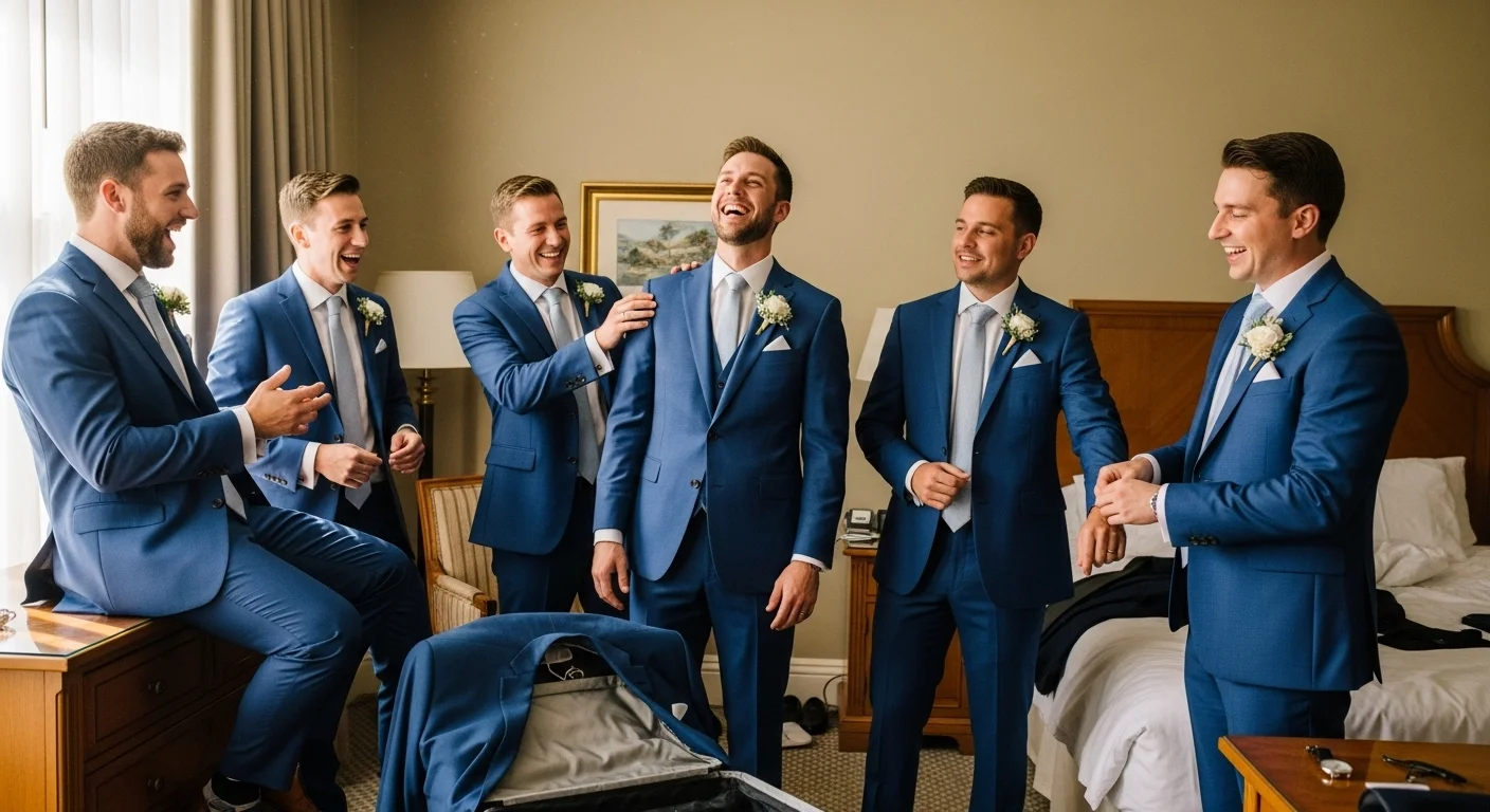 Groomsmen in blue suits preparing for wedding entertainment