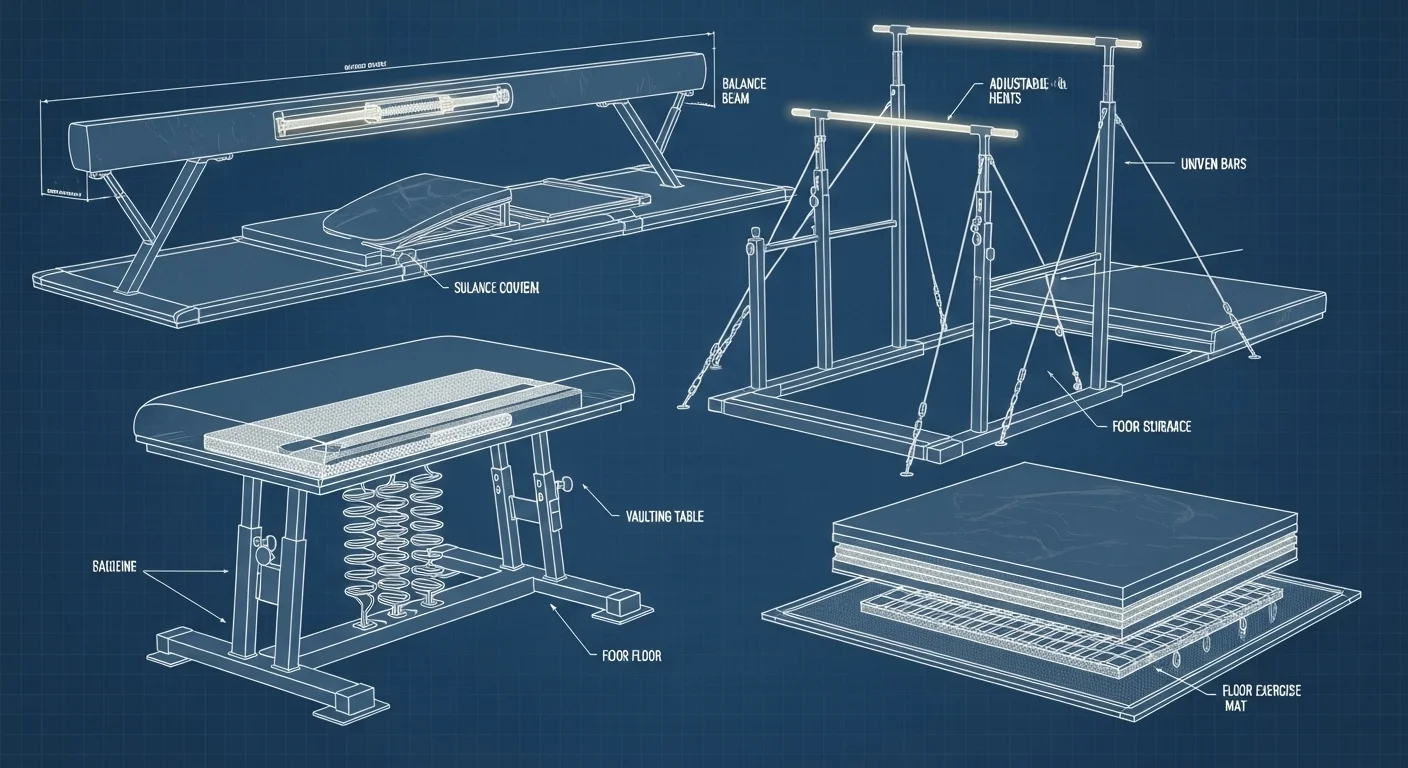 Technical blueprint diagrams of gymnastics equipment and apparatus