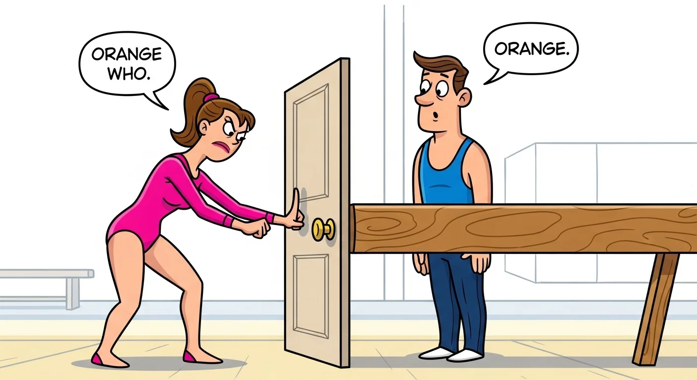 Cartoon gymnast and coach discussing gymnastics door riddle puzzle