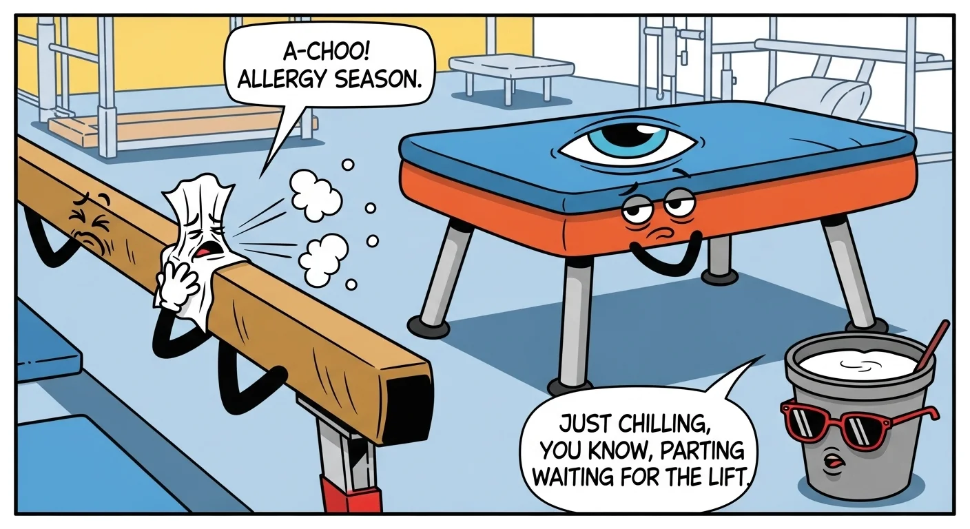 Animated gymnastics equipment characters displaying allergy symptoms riddle