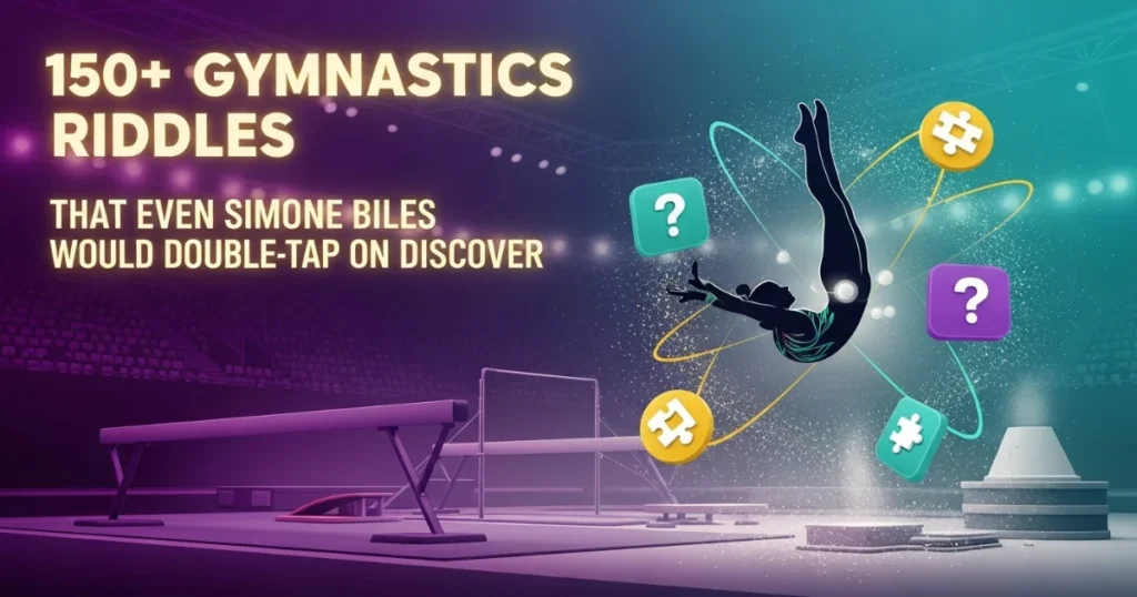 Gymnastics riddles collection featuring athlete silhouettes and puzzle icons