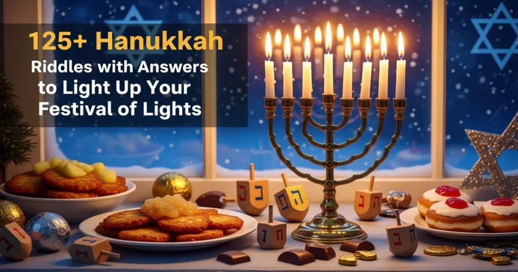 Hanukkah menorah with candles, dreidels, latkes, and sufganiyot