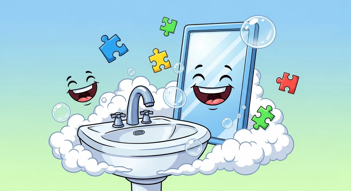 Cartoon bathroom sink and mirror with happy faces during cleaning