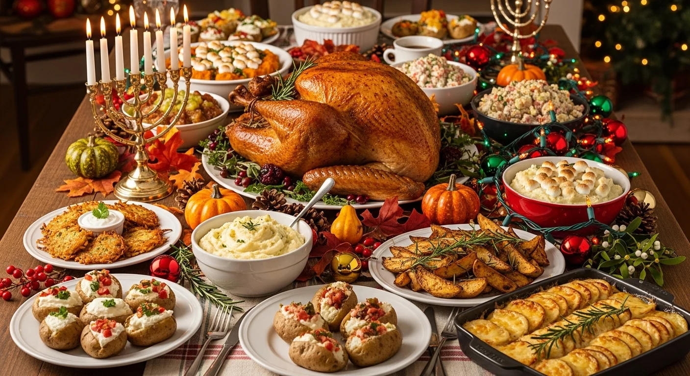 125+ Potato Riddles with Answers: Funny, Tricky & Totally Spud-tacular 5 Elaborate holiday dinner table with turkey and multiple potato dishes