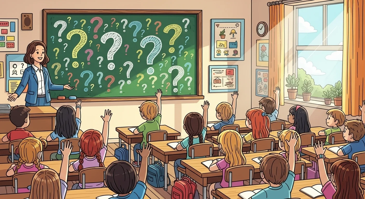 125+ Tuesday Riddles with Answers to Brighten Your Week 11 Elementary students raising hands in classroom with question marks on board