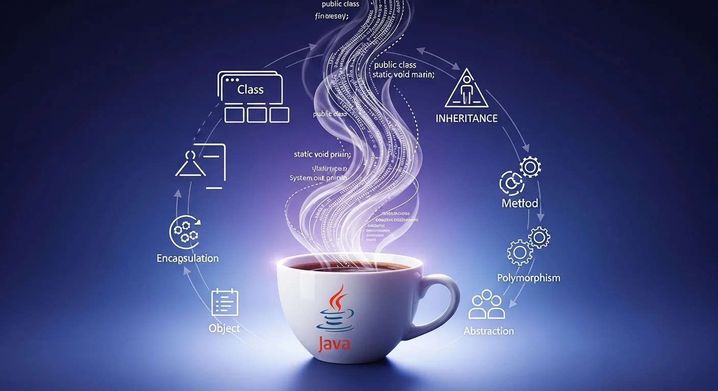 Java coffee cup with OOP programming concepts floating as steam