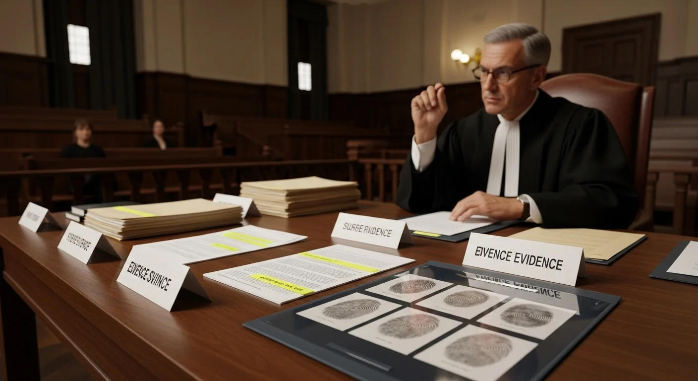 Senior judge carefully reviewing legal evidence and documents in court