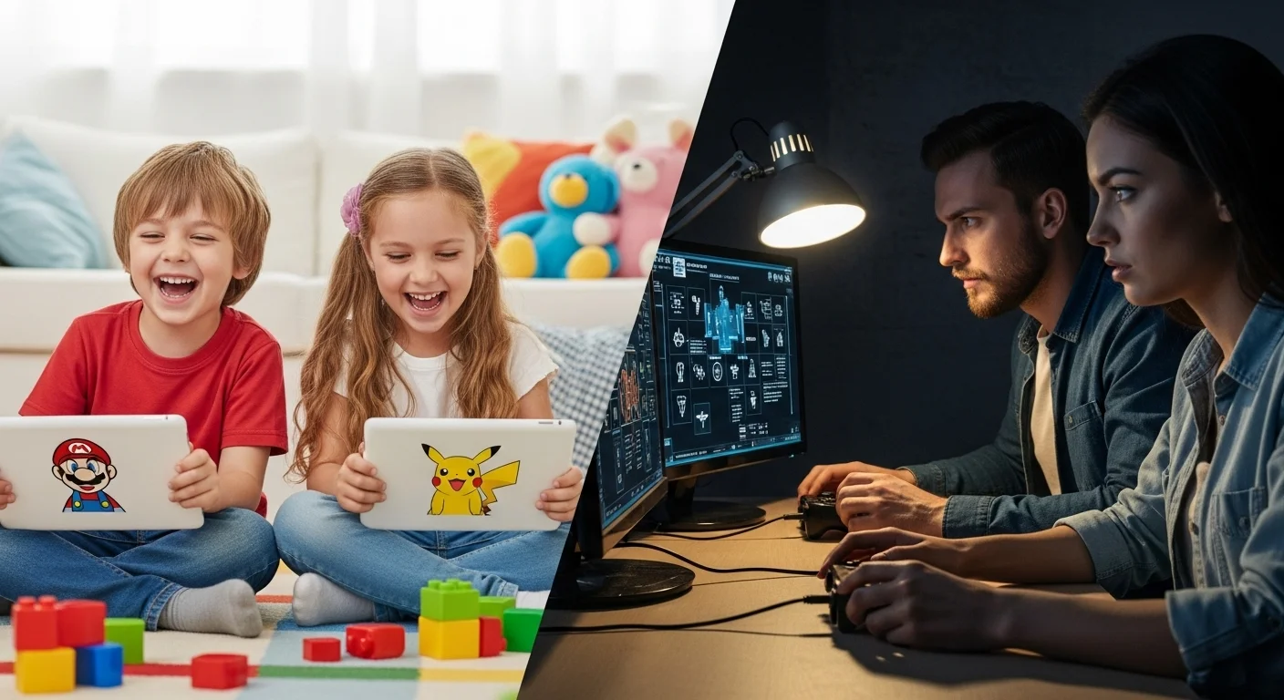 125+ Video Game Riddles with Answers: Funny, Tricky & Gamer-Approved 2 Children and adults enjoying video games on tablets and computers