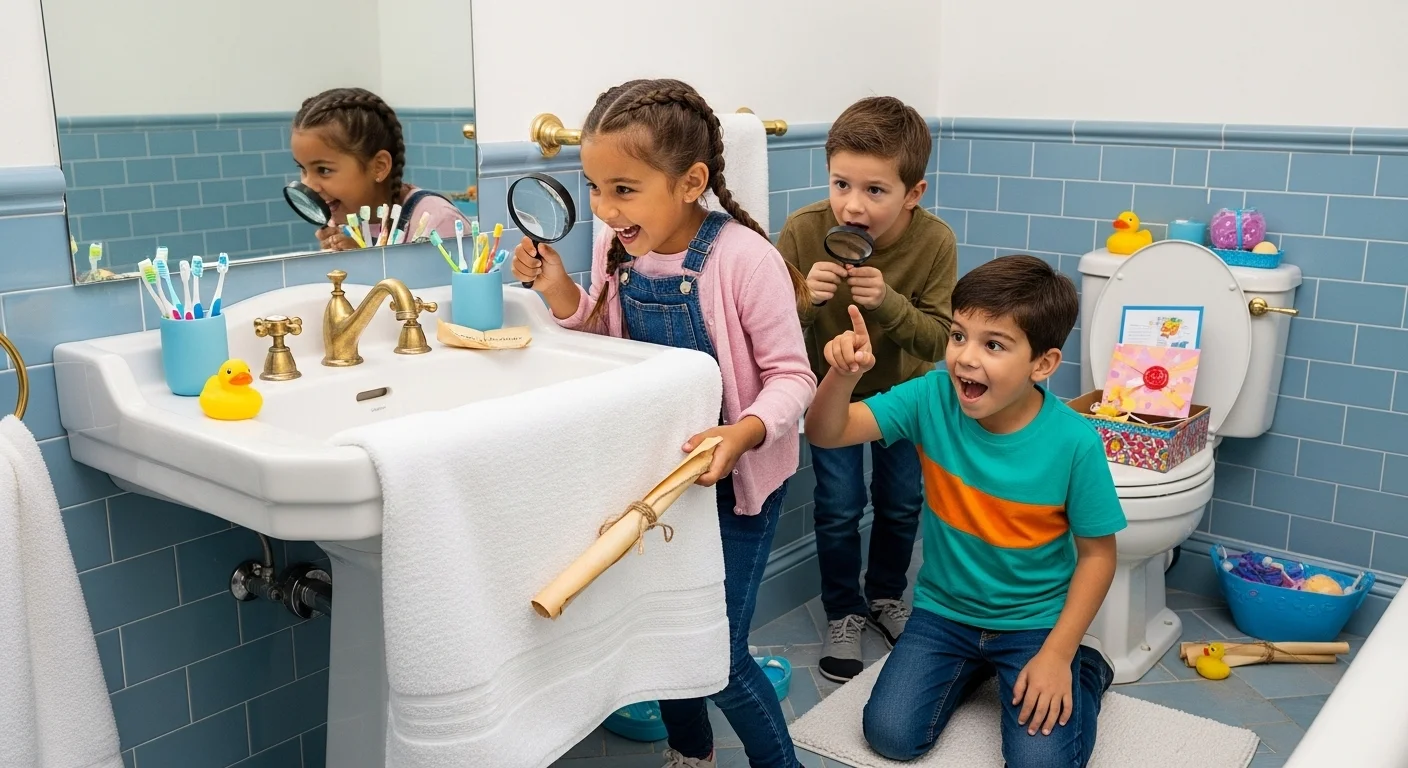 Children using magnifying glasses in bathroom scavenger hunt game
