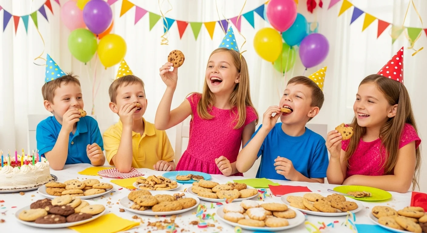 Children enjoying cookies at colorful birthday party celebration