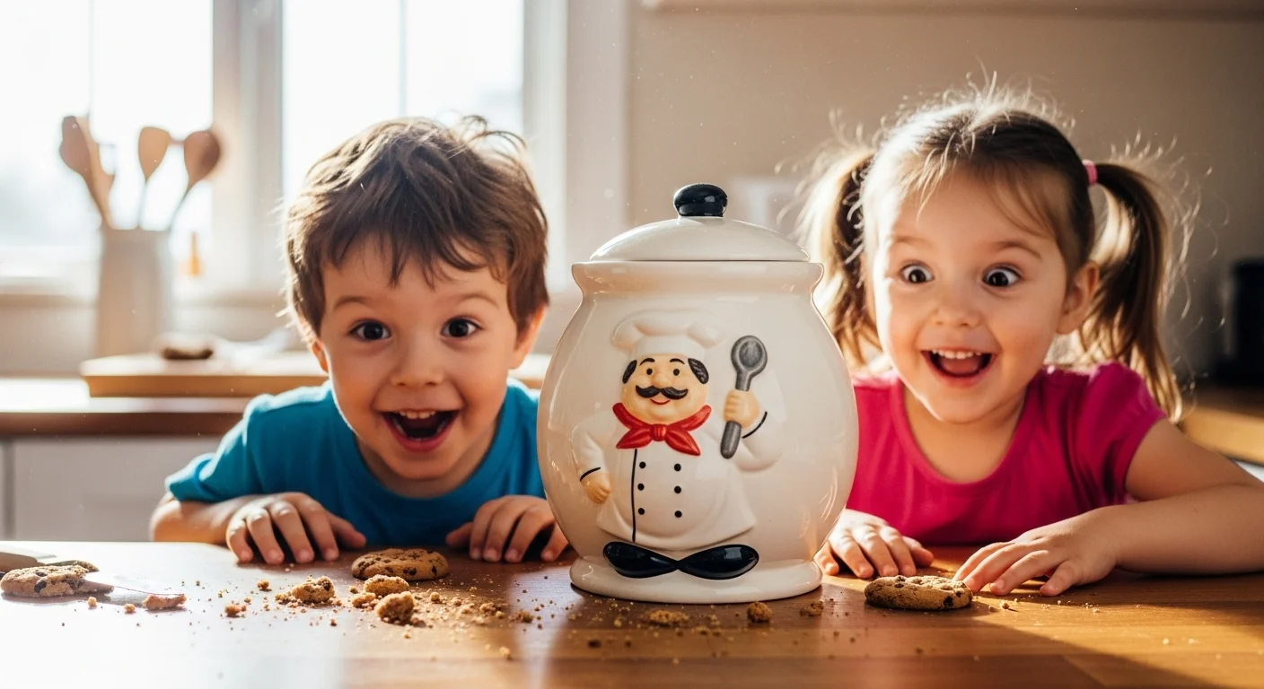 Two happy children with decorative cookie jar in bright kitchen