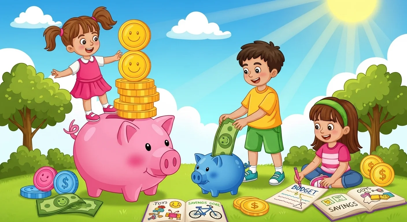 Children learning money management with piggy banks and savings goals