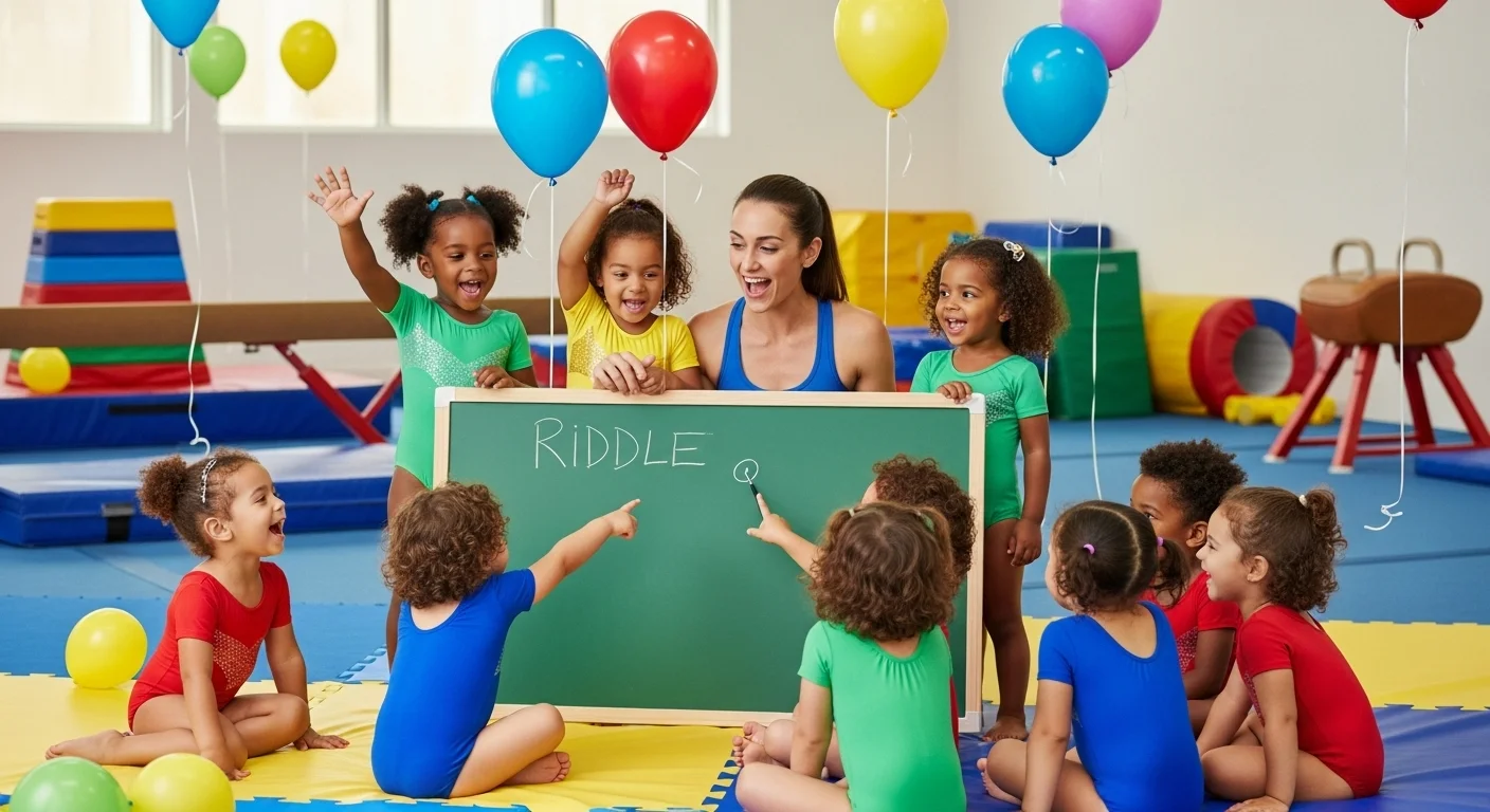 Young gymnasts solving riddles in colorful gymnasium with instructor