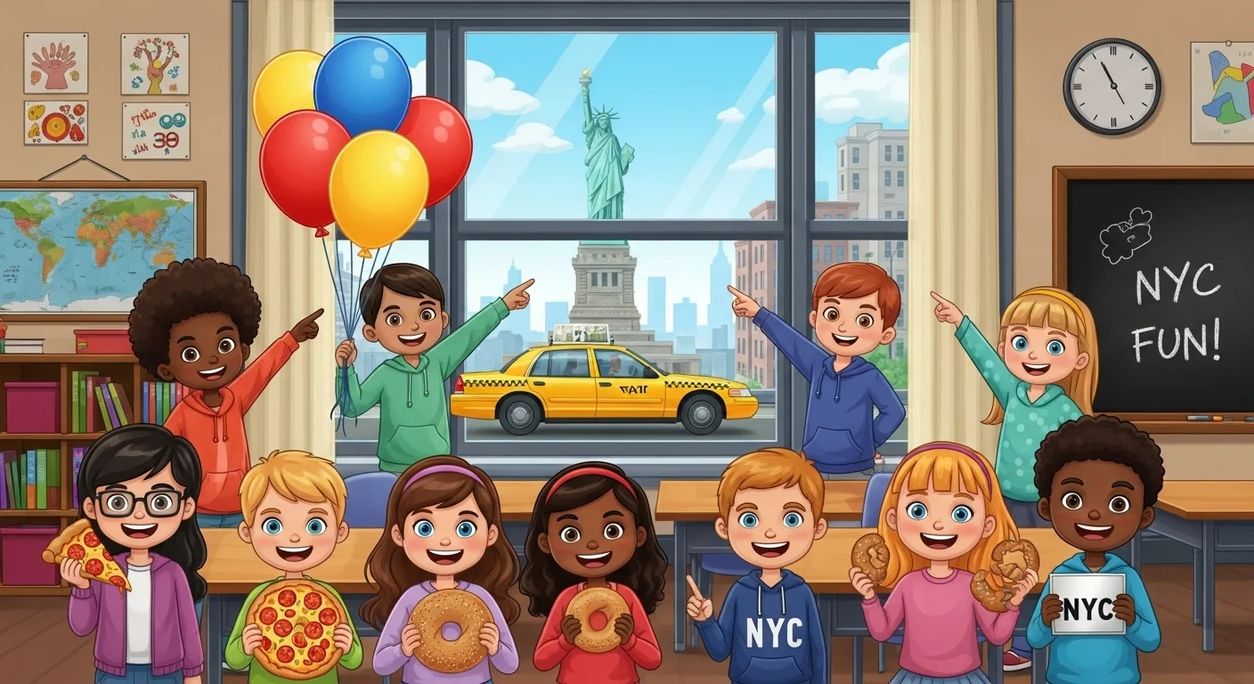Children enjoying New York City riddles and trivia in classroom setting