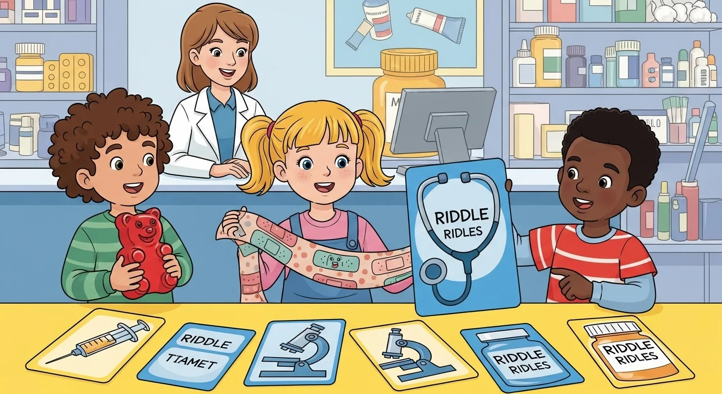 Cartoon children learning pharmacy riddles with friendly pharmacist
