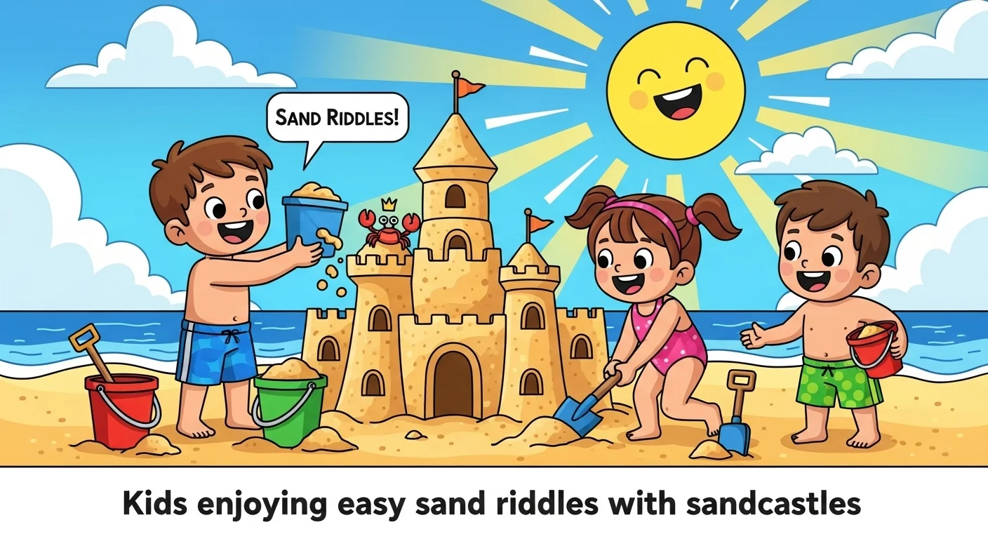 Children enjoying easy sand riddles while building sandcastles