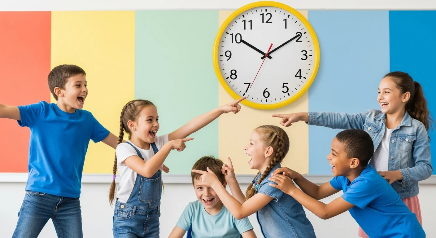 Happy children pointing at classroom wall clock solving time riddles