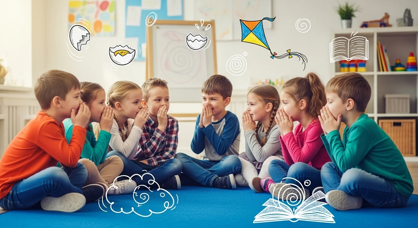 Children whispering telephone riddles in classroom circle game