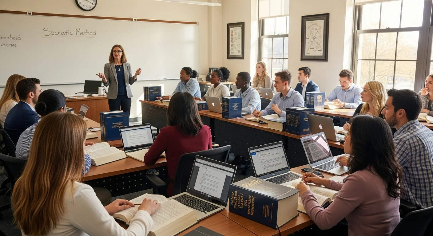 Law school classroom with students and professor teaching legal concepts