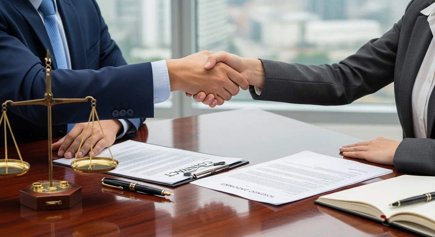 Professional handshake over legal contracts and documents with scales