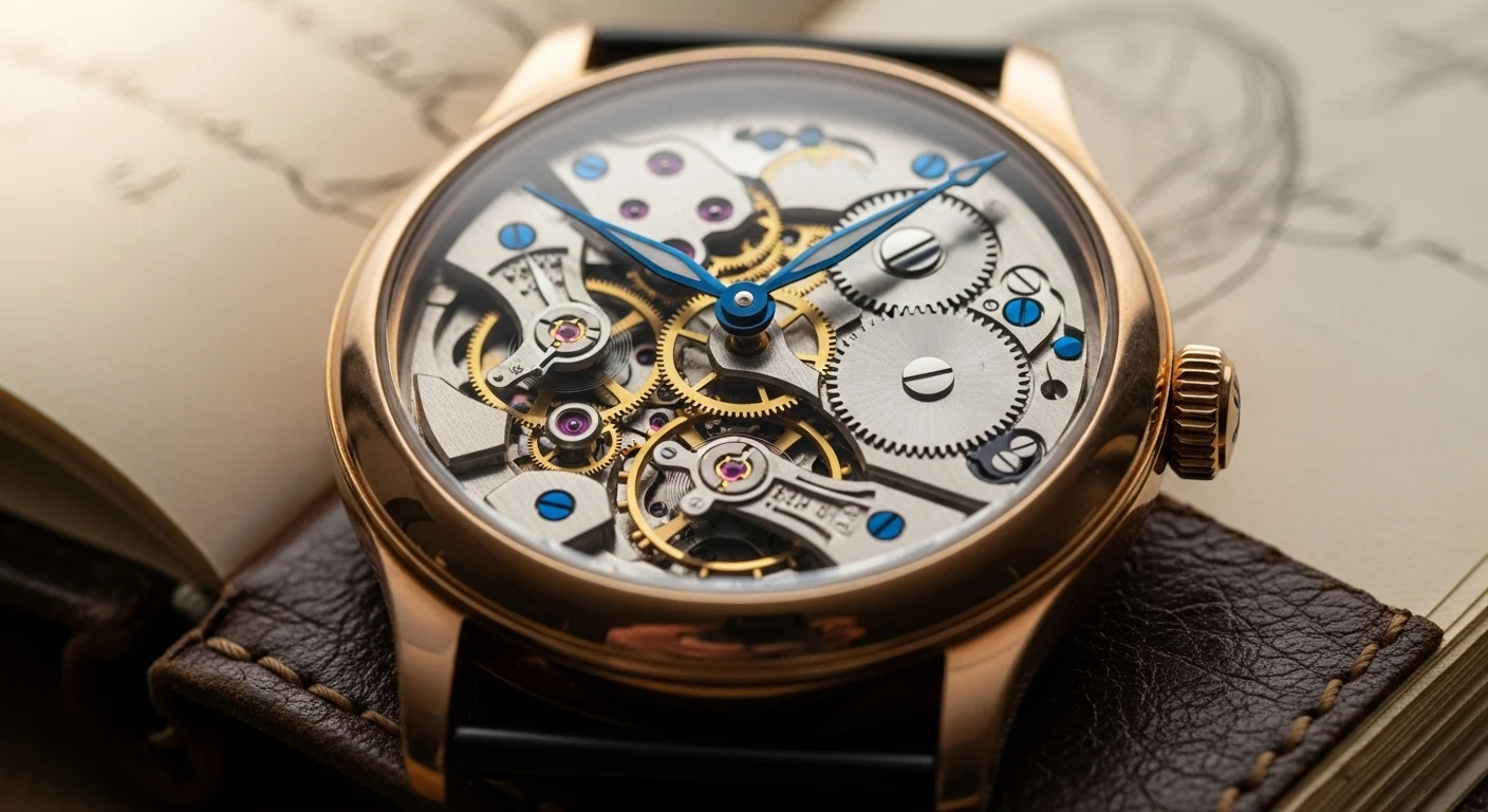 Intricate mechanical watch movement with visible gears and jewels