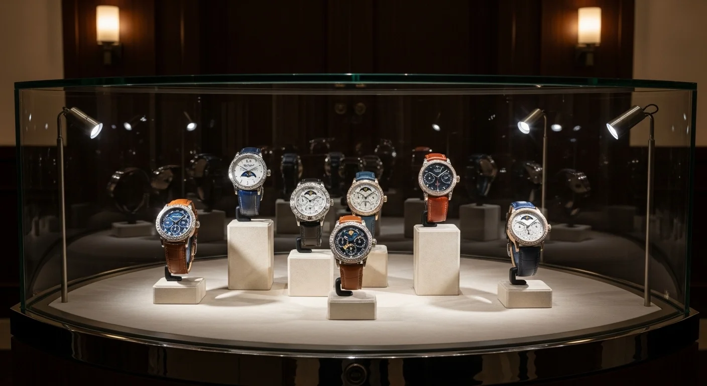 Premium luxury watches displayed in illuminated museum showcase
