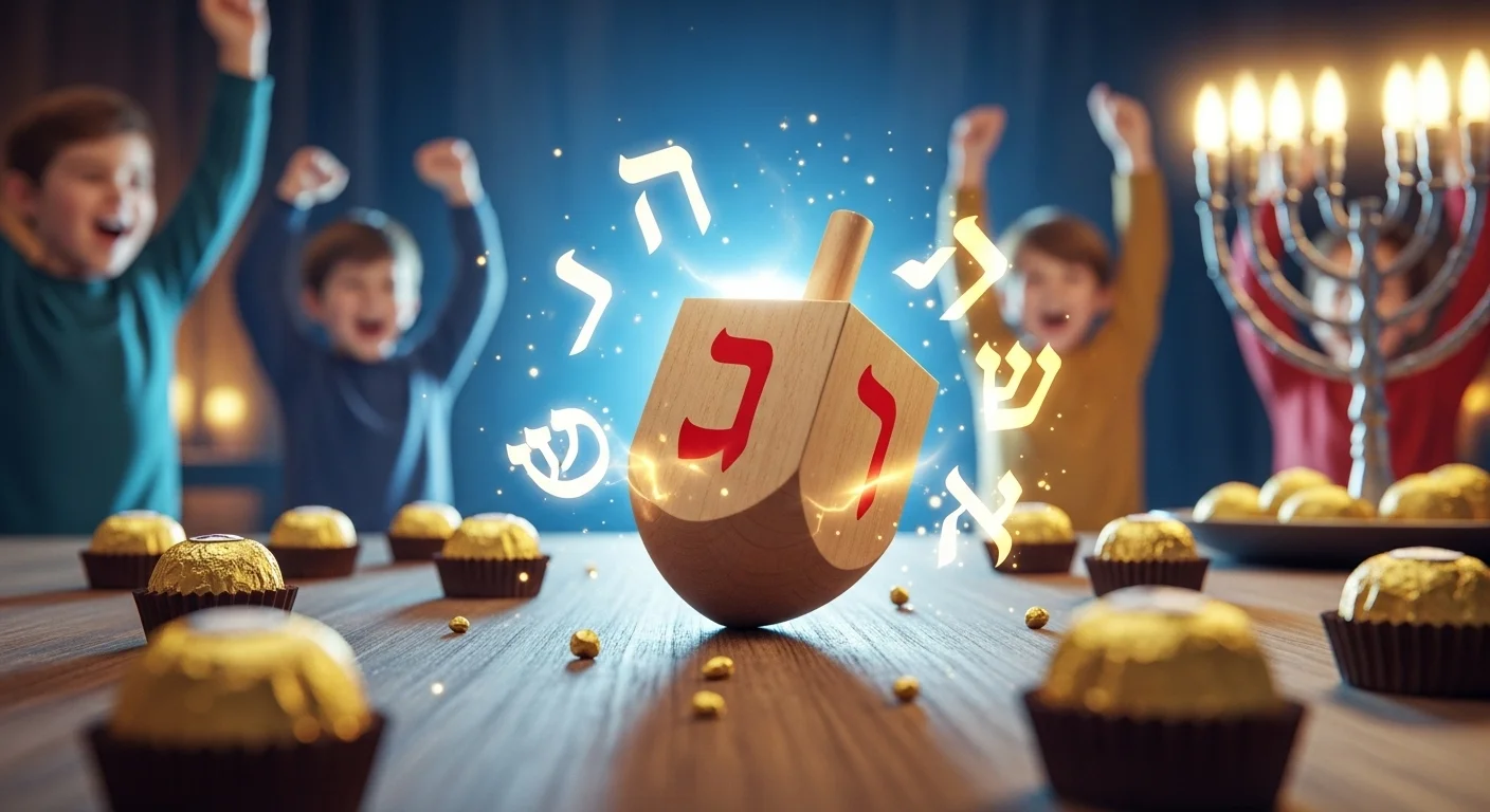 Spinning dreidel with glowing Hebrew letters and celebrating family