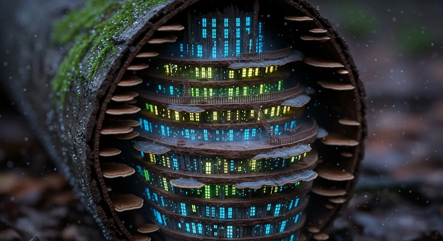 Multi-level fantasy tree house with glowing windows in forest