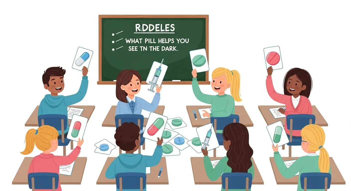 Students in classroom solving pharmacy riddles with pill and syringe cards
