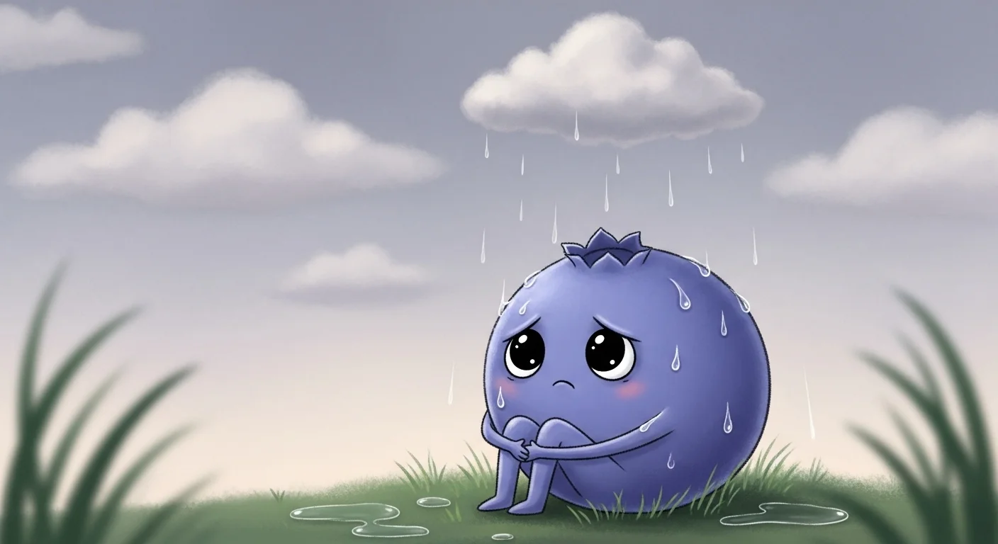 125+ Sad Riddles with Answers: Thoughtful Brain-Teasers About Life, Loss, and Emotion 1 Blue melancholy character sitting in rain representing sad emotions