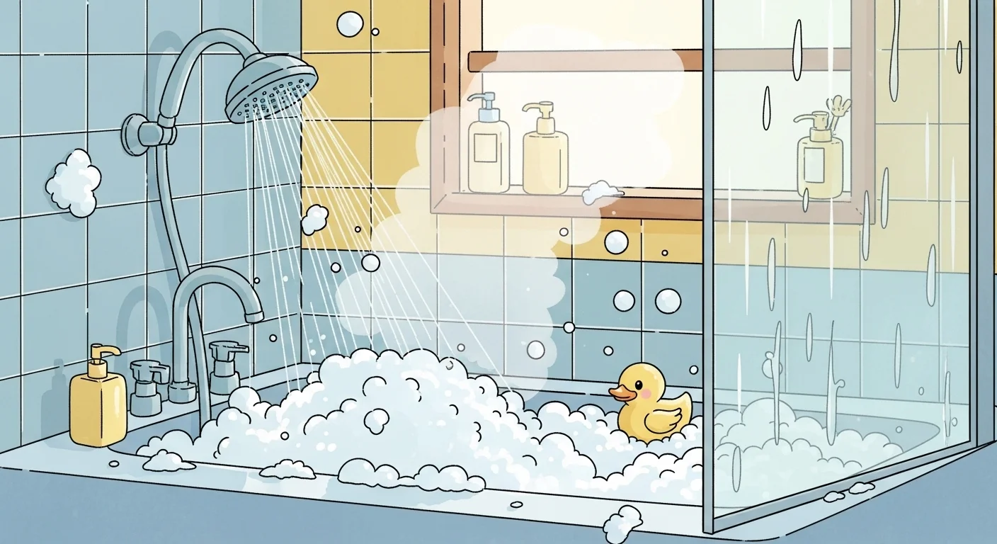 Contemporary bathroom with glass shower, bubbles, and rubber duck