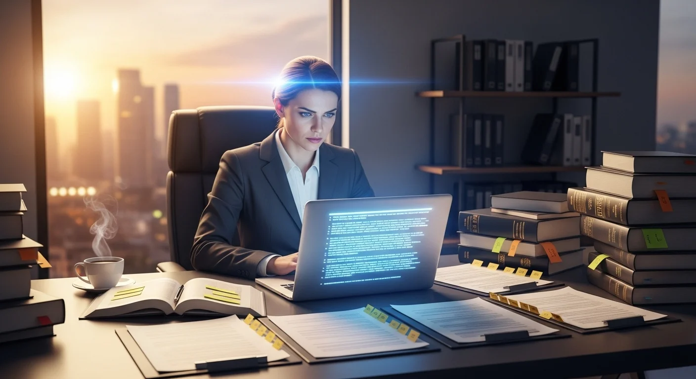 Professional female lawyer using technology for legal research in office