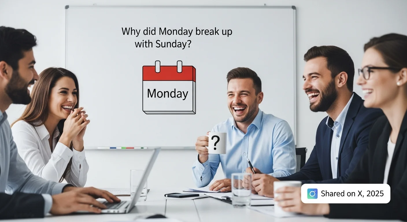 Business team laughing at Monday breakup riddle on whiteboard presentation