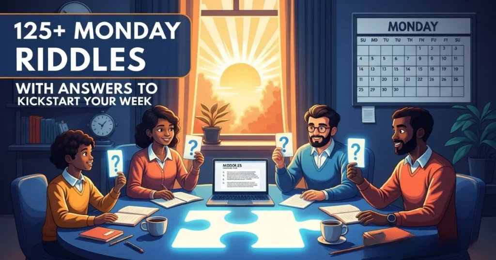 Monday office team solving riddles together with question marks around table