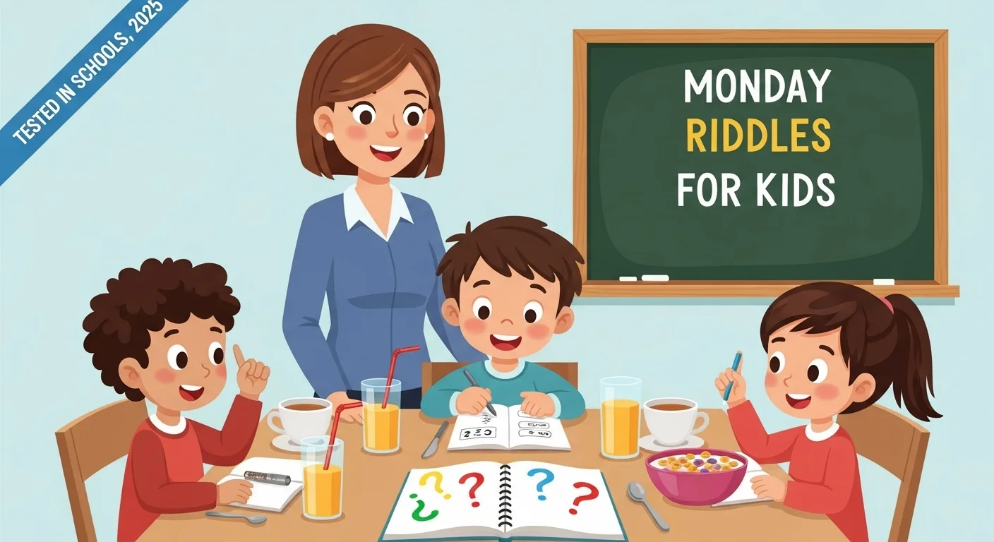 Teacher and children enjoying Monday riddles in colorful classroom setting
