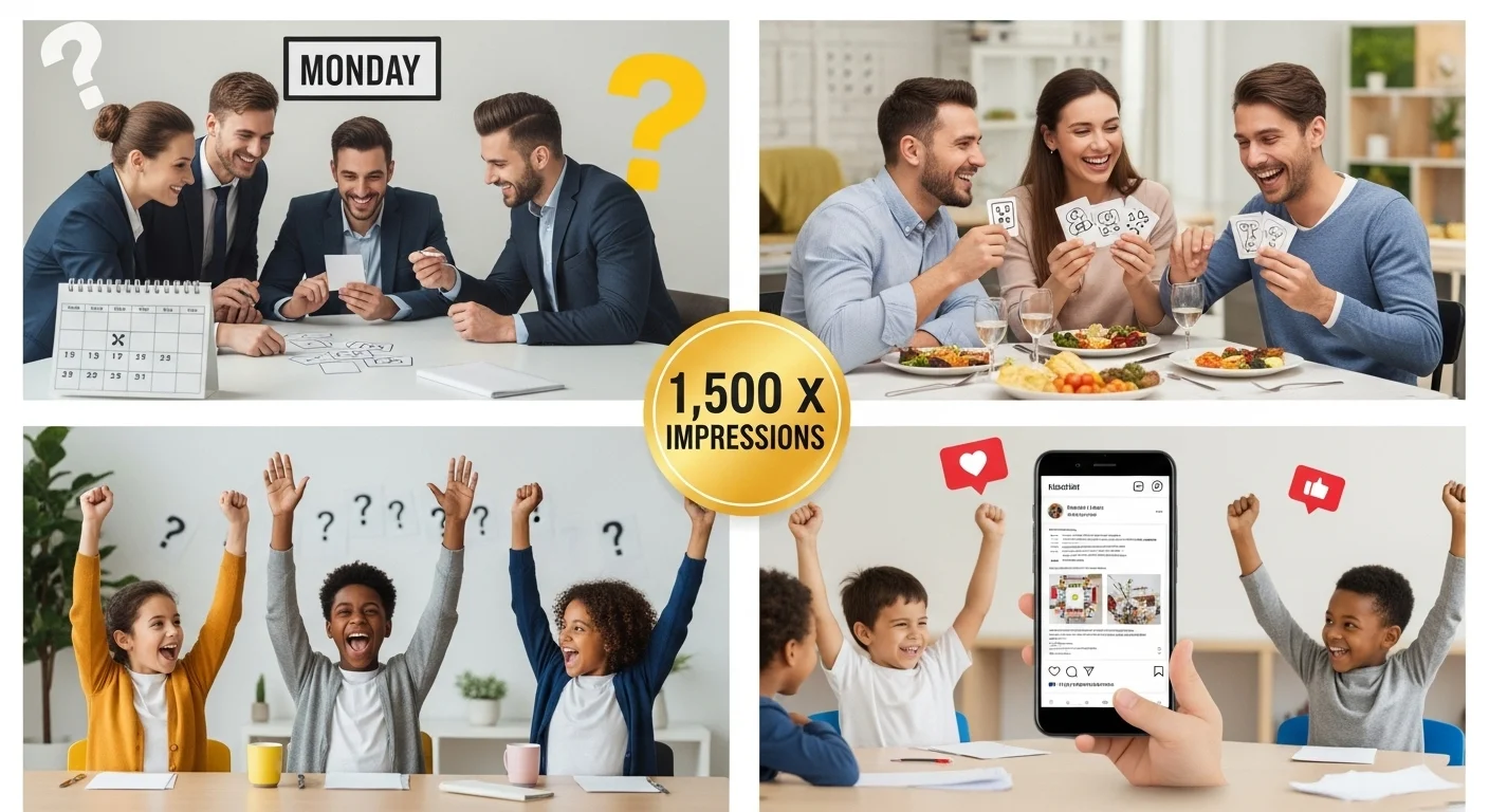 Collage showing Monday riddles success across office, family, kids, and social media