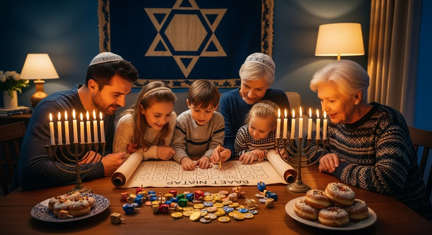 Three generations playing Hanukkah bingo with dreidels and menorah