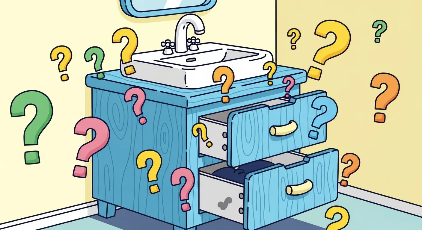 Bathroom vanity cabinet with drawers surrounded by question marks