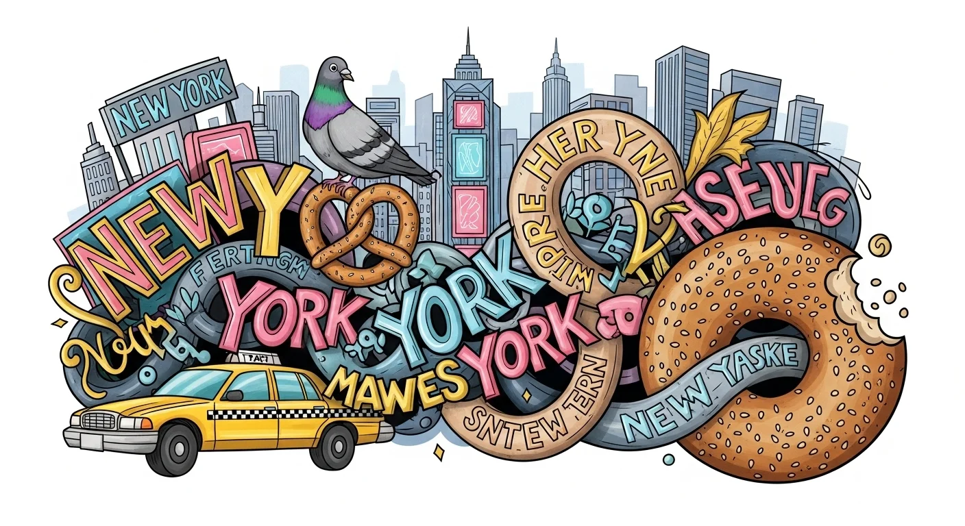 New York City cultural symbols collage with food and iconic imagery