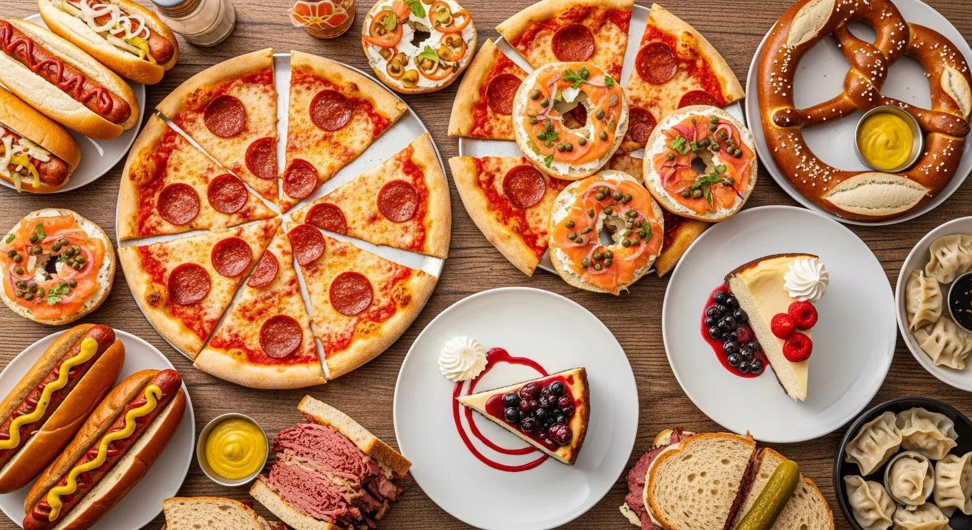 Classic New York City foods including pizza, bagels, and hot dogs