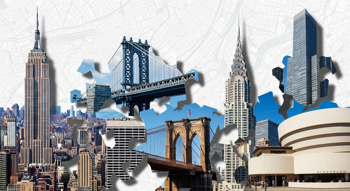 New York City landmarks puzzle featuring famous buildings and bridges