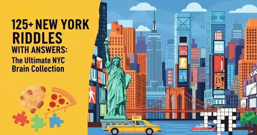 New York riddles collection with city skyline and iconic landmarks