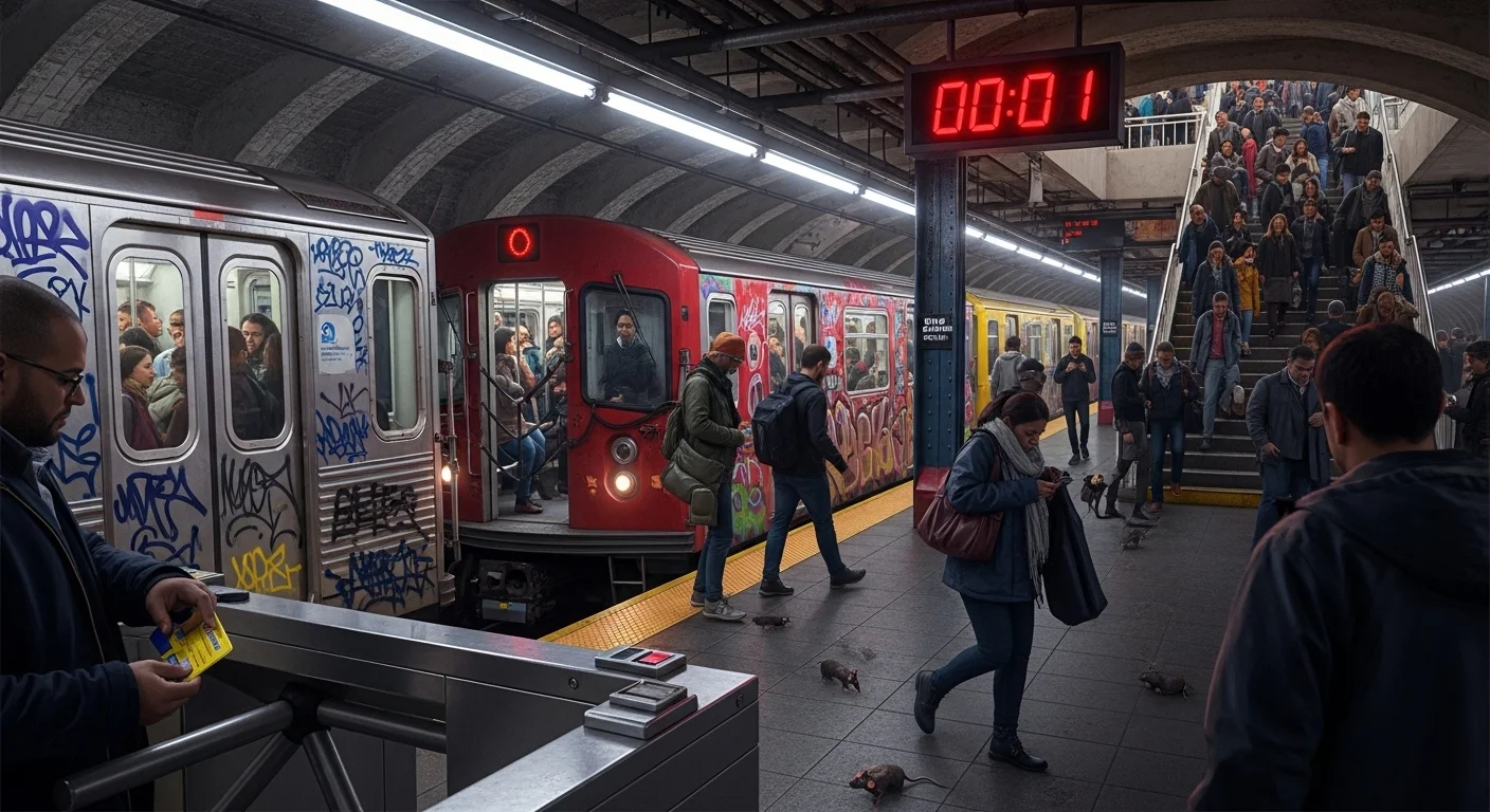 New York City subway platform with train and commuters for riddles