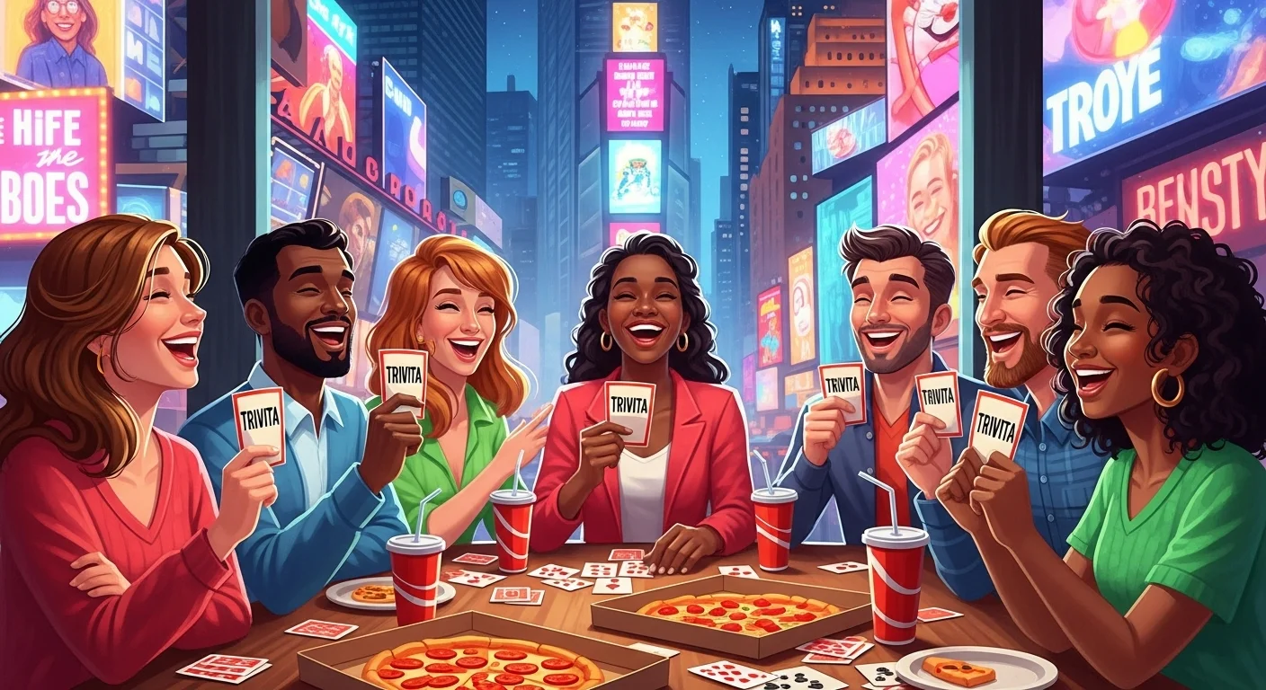 Friends enjoying New York trivia game with Times Square backdrop