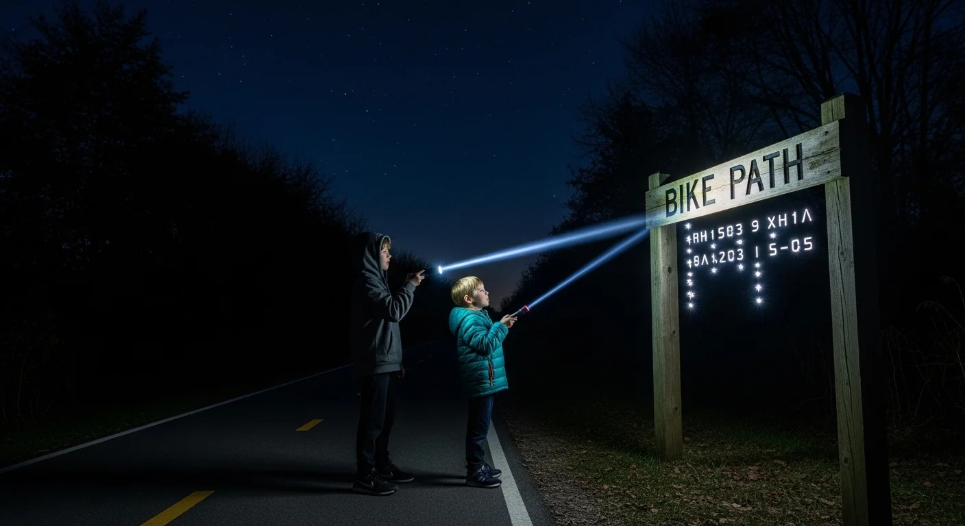 Two people using flashlights to read trail signs during night hike